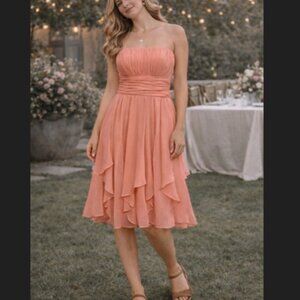 Davids Bridal Strapless Peach Chiffon Dress 6 Flowy Bridesmaid Party Chic